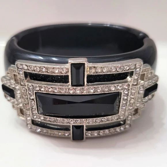 Statement Black & Silver Rhinestone Cuff Bracelet  Art Deco Glam - Picture 2 of 9
